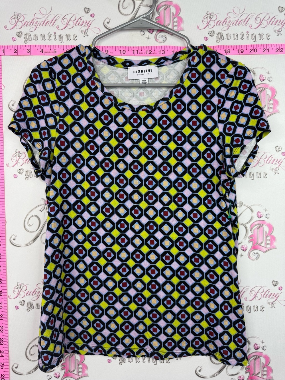 Highline Geometric Print Short Sleeve Top - Black, Blue, Yellow, Pink